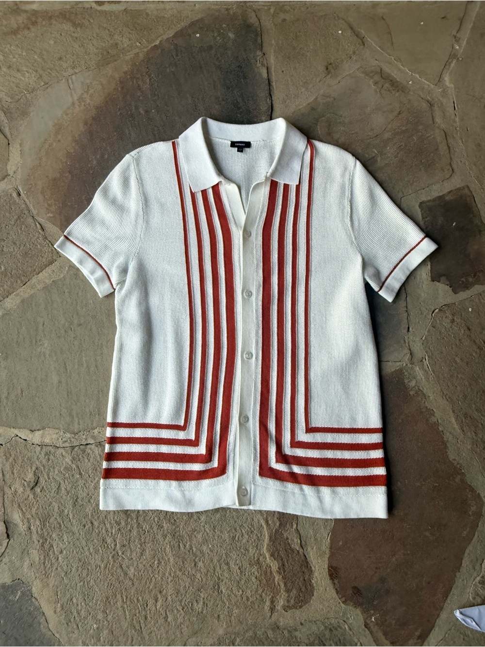 Express Cream Short Sleeve Button-Front Knit with Rust-Orange Stripes - Picture 4 of 8